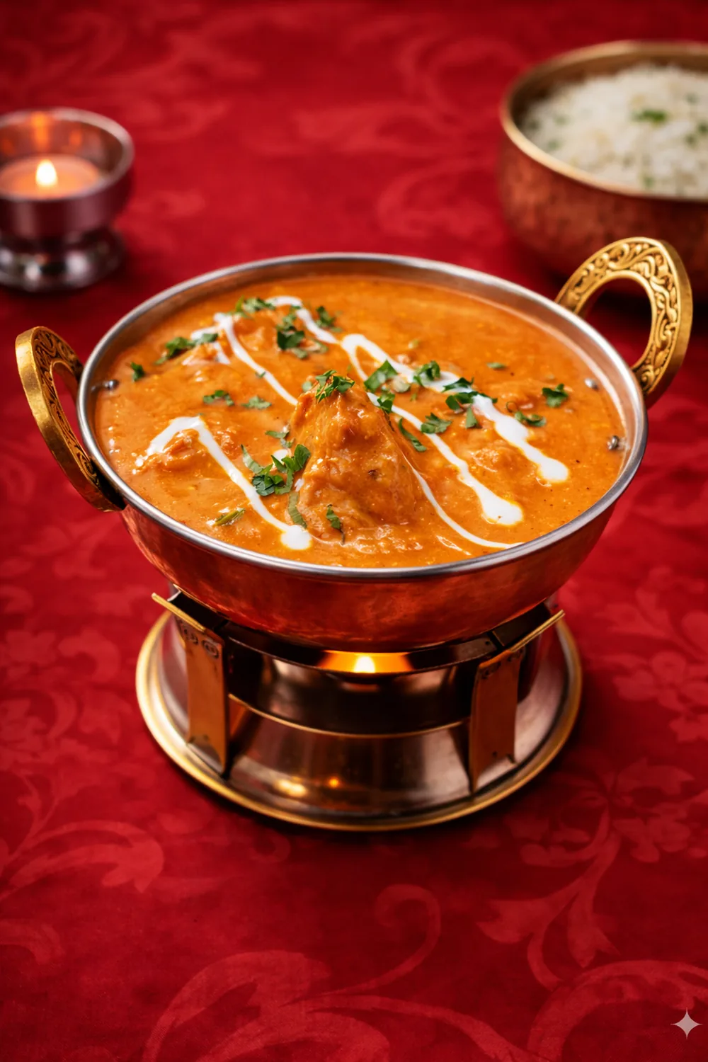 Butter Chicken servido em kadai de cobre no Namastey India, restaurante indiano em Massamá